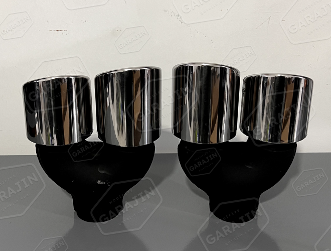 Krom Egzoz Seti / 90mm - Çift Çıkış - Çapraz Kesik - Eğik Uç